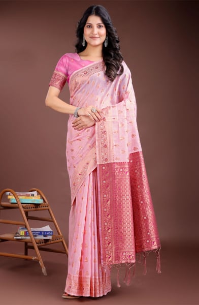 Pink Linen Cotton Woven Saree