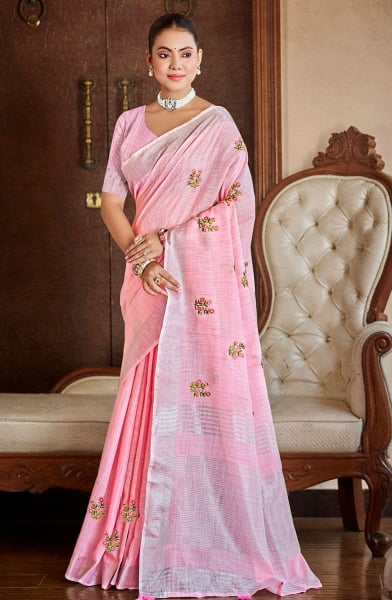 Pink Linen Saree for Festival
