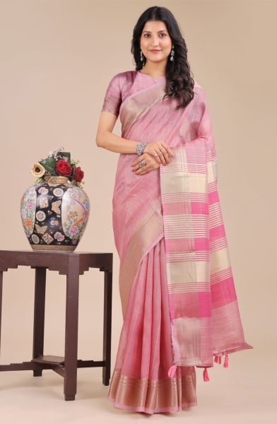 Pink Organza Woven Saree