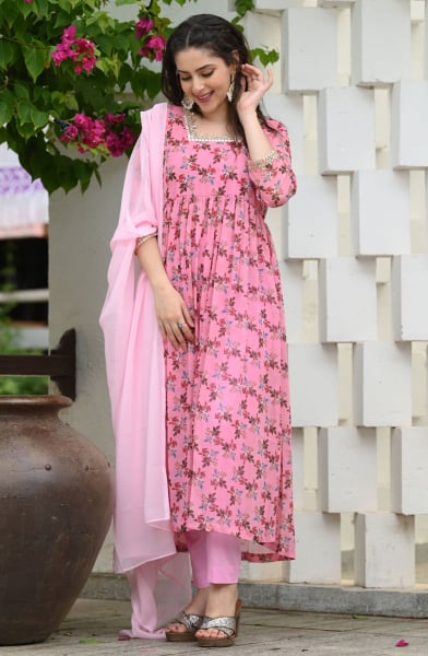 Pink Readymade Georgette Pant Kameez Suit
