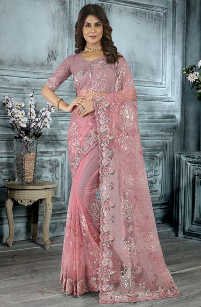 Pink Resham Embroidered Net Saree
