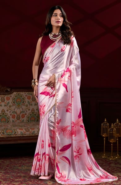 Pink Satin Silk Digital Printed Saree
