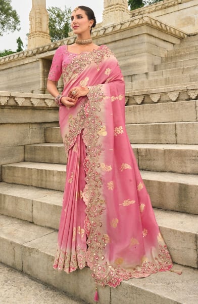 Pink Tissue Silk Embroidered Designer Saree 