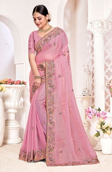 Pink Two Tone Silk Sequins Embroidered Saree