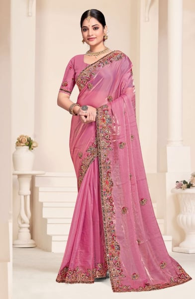 Pink Two Tone Silk Sequins Embroidered Saree