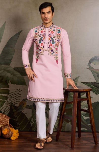Pink Viscose Silk Embroidered Kurta for Festival