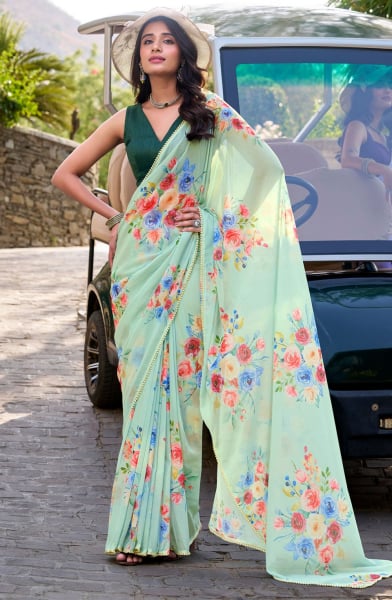 Pista Green Floral Printed Saree
