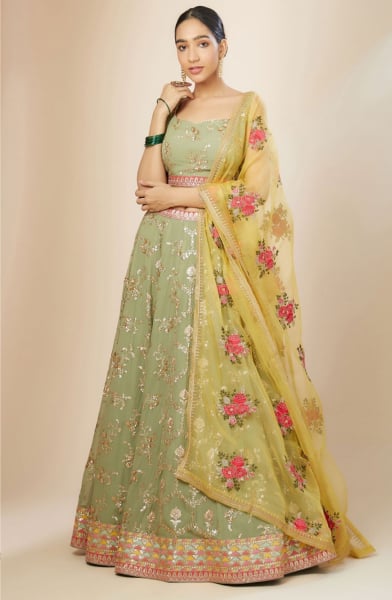 Pista Green Georgette Heavy Designer Lehenga Choli Set for Wedding