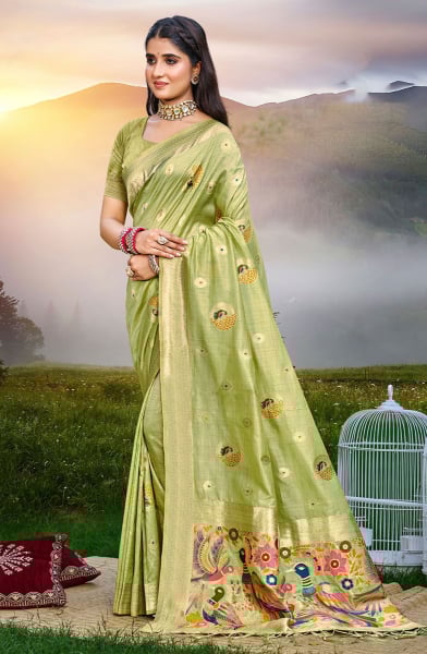 Pista Green Heavy Assam Silk Meena Work Saree for Festival