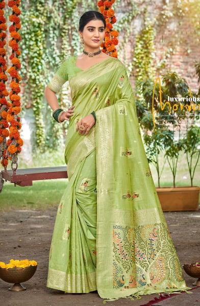Pista Green Heavy Assam Silk Meena Work Saree for Festival