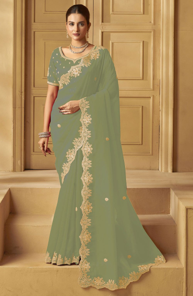 Pista Green Heavy Organza Embroidered Saree for Ceremonial