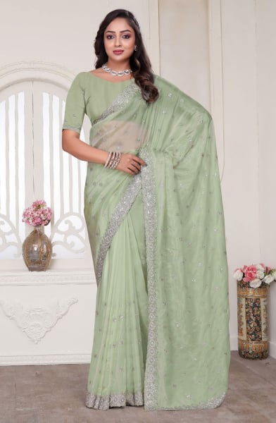 Pista Green Heavy Resham Embroidered Designer Saree for Ceremonial