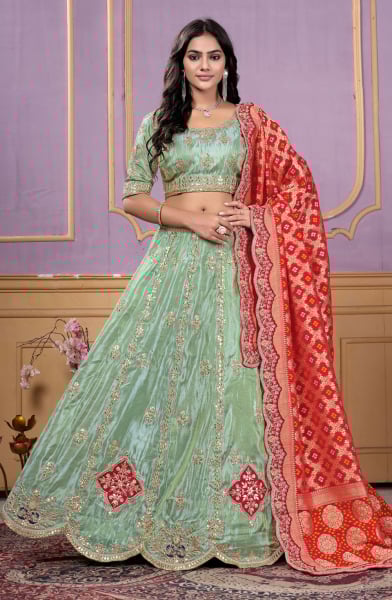 Pista Green Heavy Resham Embroidered Lehenga Choli Set