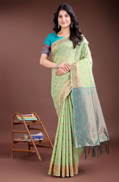 Pista Green Linen Cotton Woven Saree