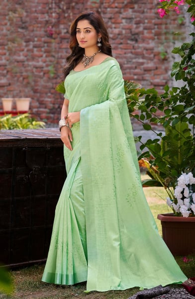 Pista Green Linen Saree for Festival