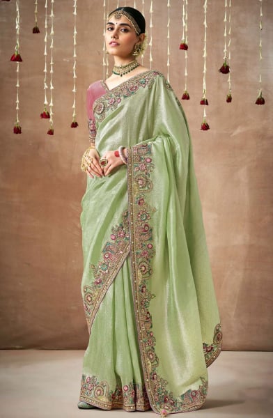 Pista Green Organza Silk Designer Saree