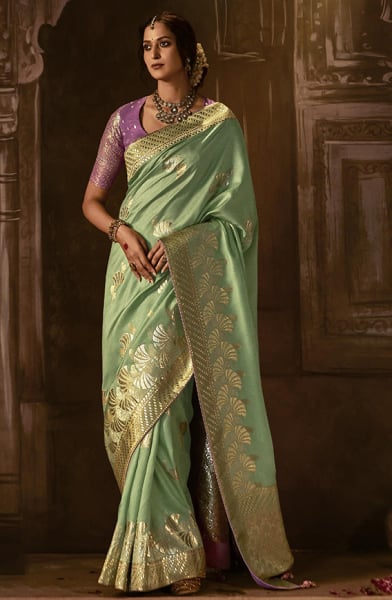 Pista Green Pure Dola Silk Woven Saree