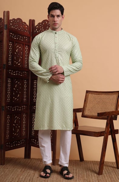 Pista Green Rayon Kurta Set for Men