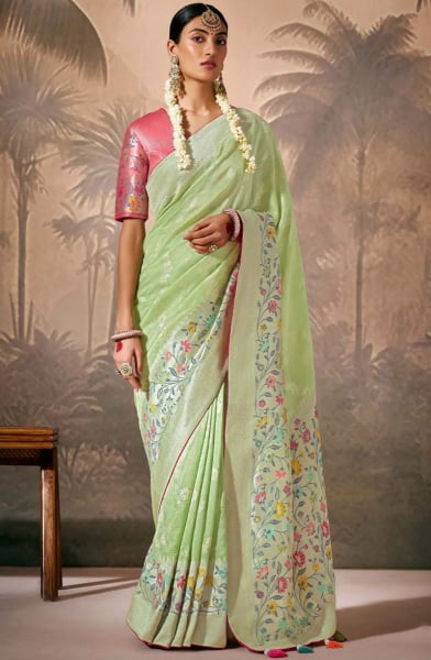 Pista Green Silk Designer Woven Work Saree