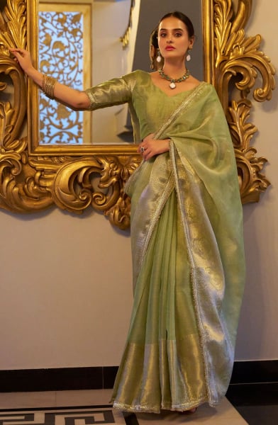 Pista Green Tissue Shimmer Party Wear Saree