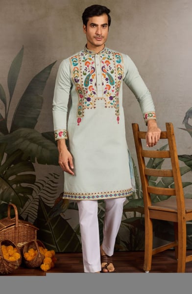 Pista Green Viscose Silk Embroidered Kurta for Festival