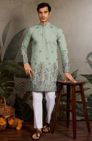 Pista Green Viscose Silk Kurta for Ceremonial