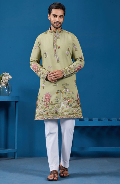 Pista Green Viscose Silk Sequins Embroidered Kurta