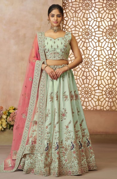 Pista Green Zari with Resham Embroidered Designer Lehenga Choli Set