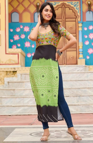 Pistachio Green and Black Gamthi Work Rayon Kurti