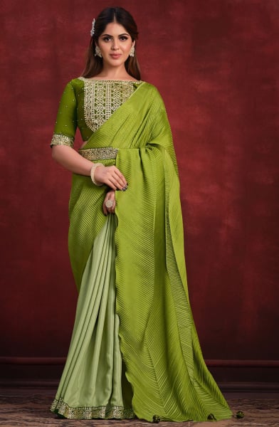 Pistachio Green and Lime Green Crepe Silk Georgette Designer Saree