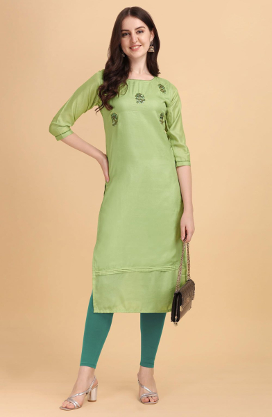 Pistachio Green Dola Silk Embroidered Kurti