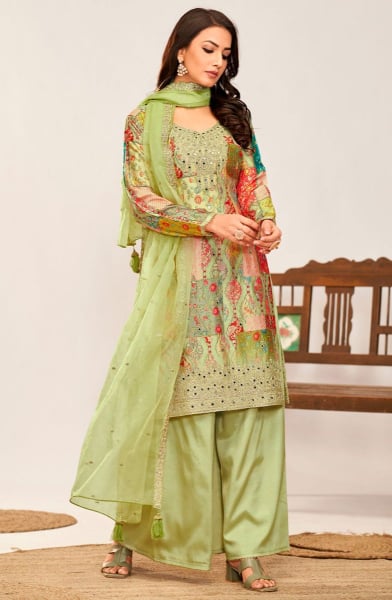Pistachio Green Embellished Chinnon Palazzo Kameez