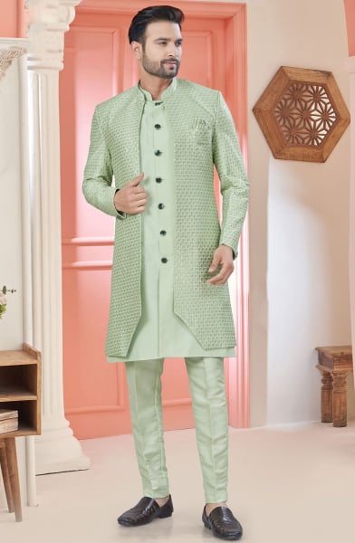 Pistachio Green Embroidered Art Silk Designer Indo Western