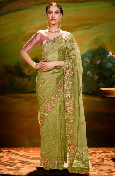 Pistachio Green Embroidered Designer Saree for Wedding