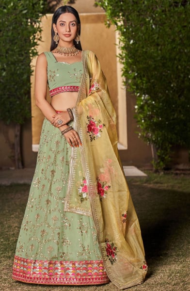 Pistachio Green Embroidered Georgette Designer Lehenga Choli