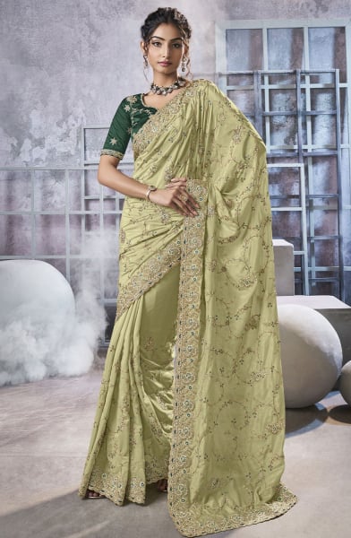 Pistachio Green Embroidered Georgette Designer Saree