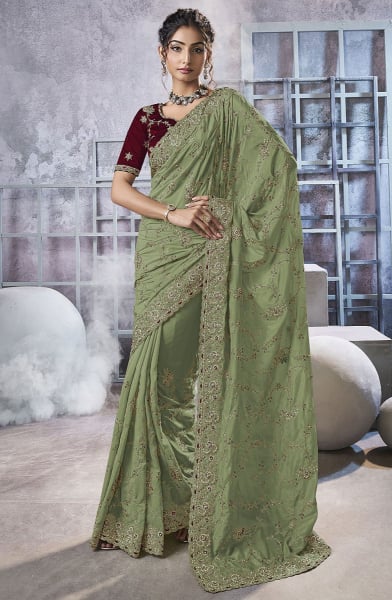 Pistachio Green Embroidered Georgette Designer Saree
