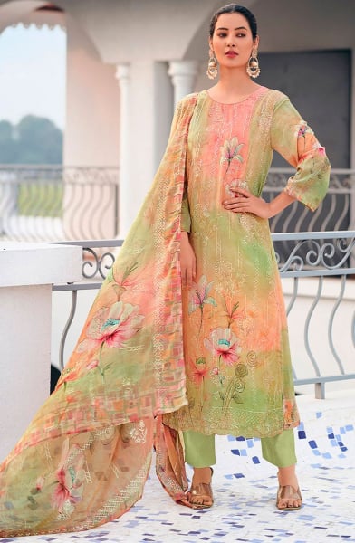 Pistachio Green Embroidered Georgette Pant Kameez