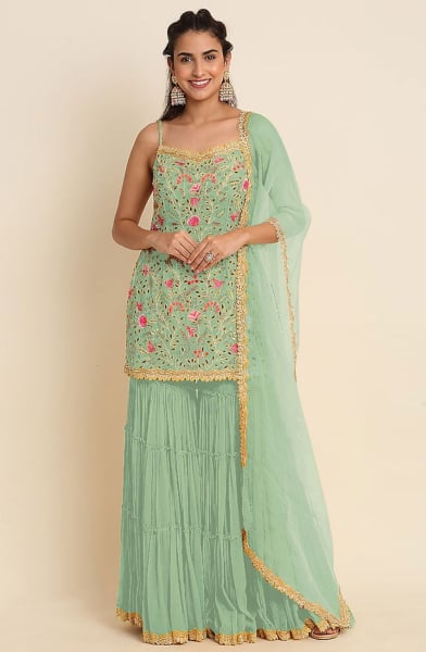 Pistachio Green Embroidered Georgette Sarara Kameez