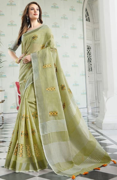 Pistachio Green Embroidered Linen Saree