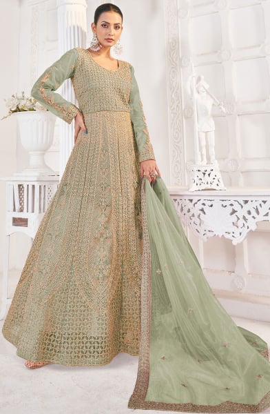 Pistachio Green Embroidered Net Anarkali Dress for Festival