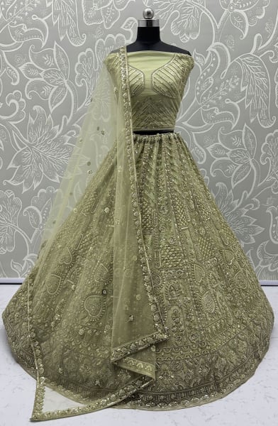 Pistachio Green Embroidered Net Bridal Lehenga Choli