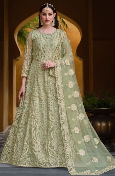 Pistachio Green Embroidered Net Designer Anarkali Suit