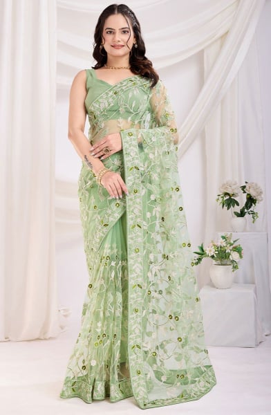 Pistachio Green Embroidered Net Saree for Party