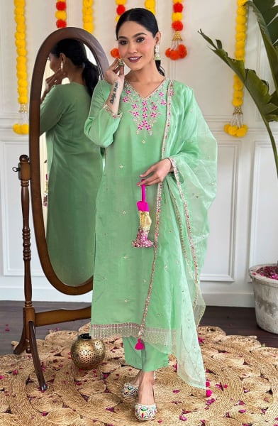 Pistachio Green Embroidered Viscose Chanderi Readymade Suit