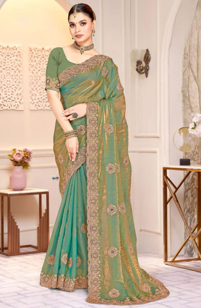 Pistachio Green Fendy Satin Silk Saree with Cording Embroidery