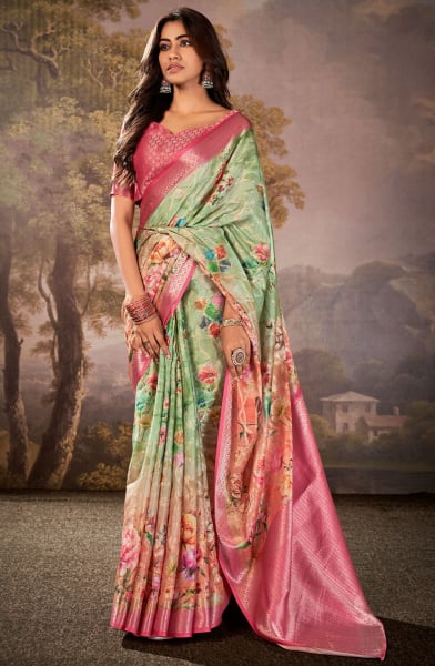 Pistachio Green Floral Print Cotton Silk Saree