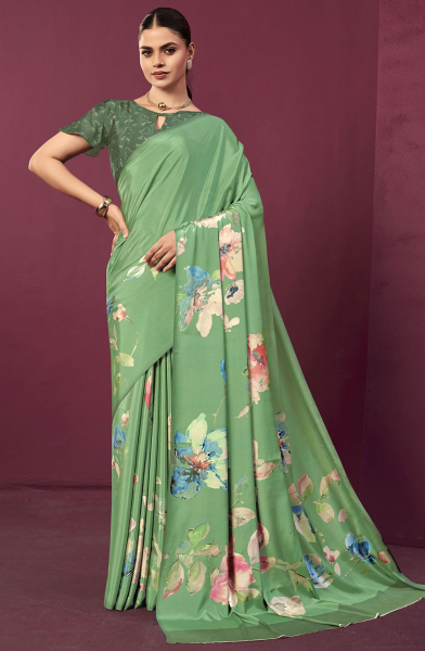 Pistachio Green Floral Print Crepe Silk Saree