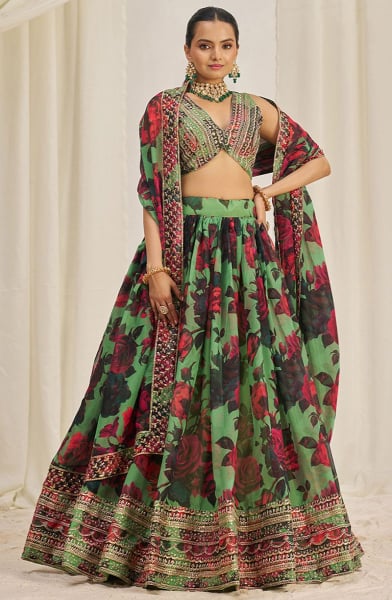 Pistachio Green Floral Print Organza Embroidered Lehenga Set