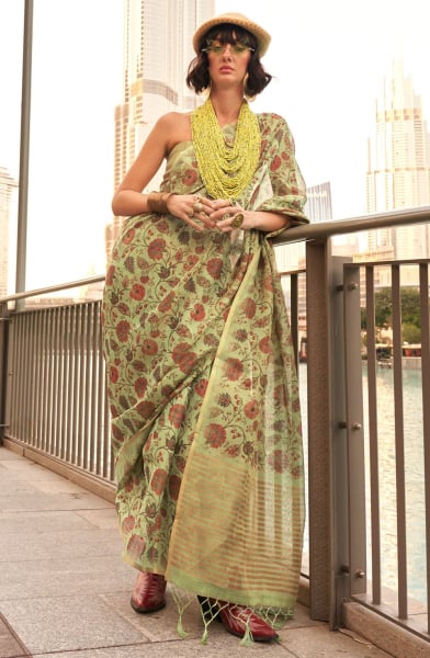 Pistachio Green Hand Woven Zari Tissue Saree